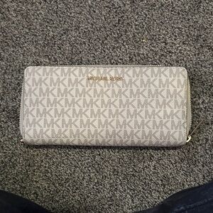 Michael Kors Beige Signature MK Zip-Around Wallet with Gold Hardware